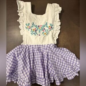 White and Purple Gingham Dress with Floral Embroidery